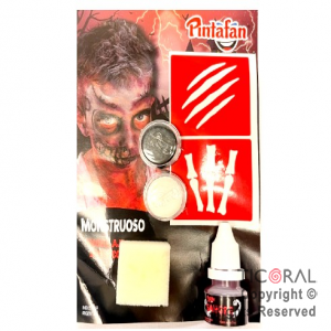 KIT MAQUILLAJE ARTISTICO MONSTRUOSO SANGRIENTO NEGRO Y BLANCO (BLISTERX2 UNID-4 GR)+STENCIL+ESPONJA+